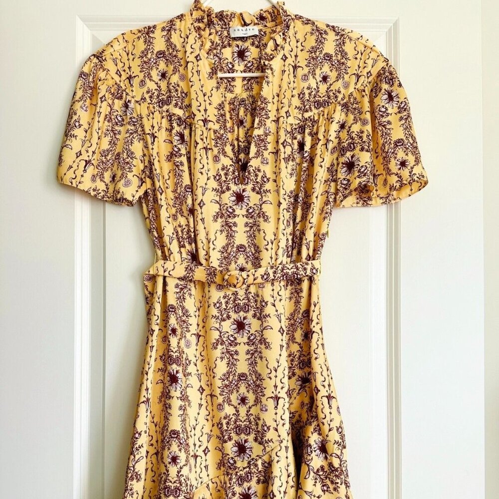 SANDRO Suzette Belted Floral Print Satin-Twill Mini Dress in Yellow Size S